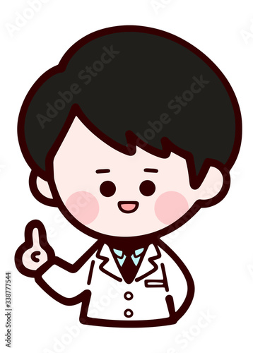 Doctor wearing laboratory coat / man / index finger