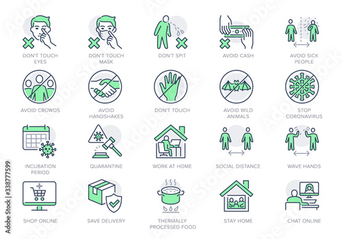 Coronavirus prevention line icons. Vector illustration include icon - social distance, quarantine violation, incubation period, avoid handshakes, stay home pictogram for infographic, green color