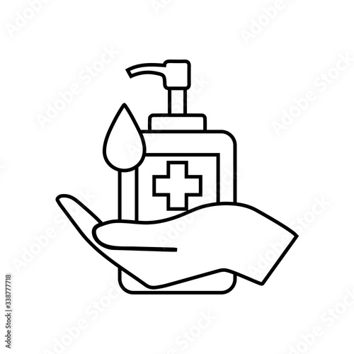 Washing hand with sanitizer liquid soap. Soap dispenser icon. Element of medicine for mobile concept and web apps icon. Personal hygiene Thin line icon to protect virus disease.