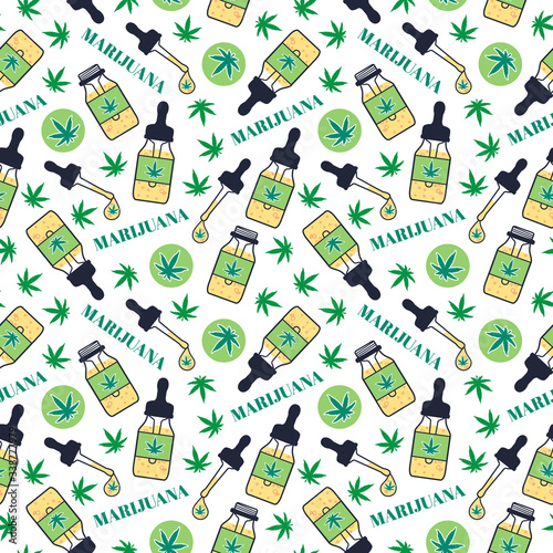 Marjuana Oil seamless pattern. Dropper bottle with pipette and hemp oil drop. Vector texture on white background. Surface legalize medical smoke design