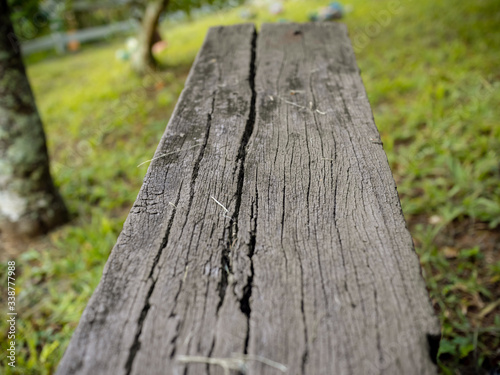 Bench made of rustic wood in a garden, Petropolis, Rio de Janeiro, Brazil photo