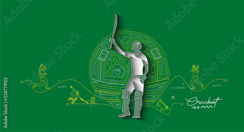 Batsman playing cricket raises his bat after scoring a full century