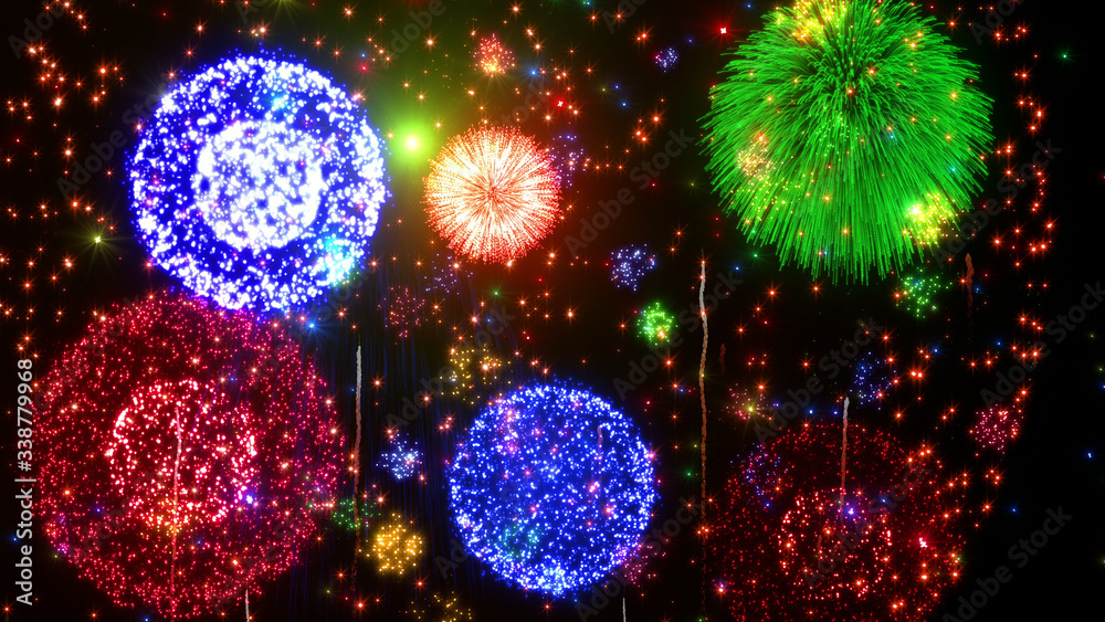 Fireworks Pyrotechnic Festival Holiday Particles 3D illustration background.
