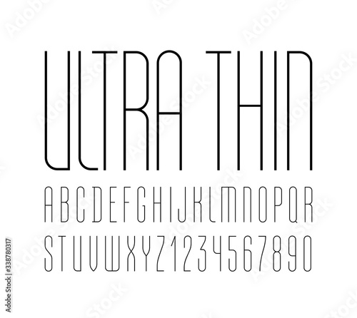 High font, condensed tall ultra thin alphabet sans serif, trendy uppercase Latin letters from A to Z and Arab numbers from 0 to 9 for you designs, vector illustration 10EPS