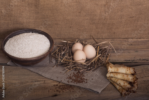 Hot, baked pancakes with eggs and flour, in a village style