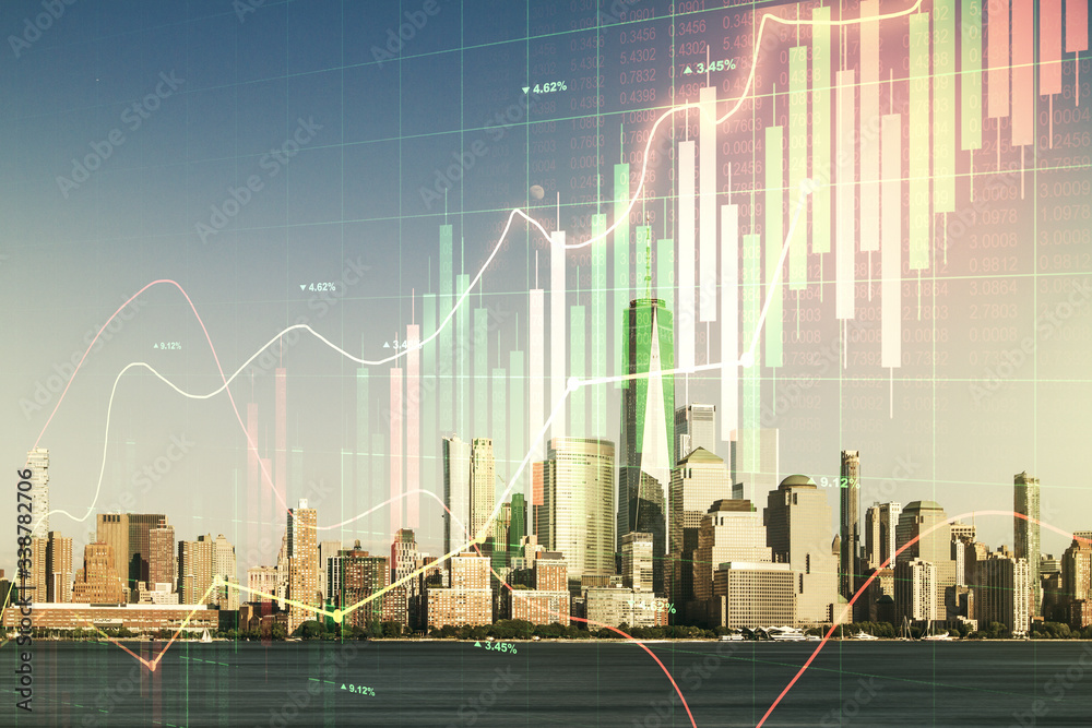 Obraz premium Multi exposure of virtual creative financial chart hologram on New York skyscrapers background, research and analytics concept