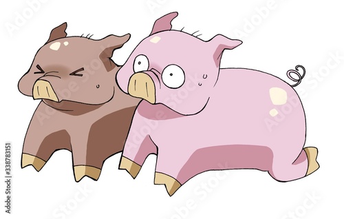 Art of two cute pigs running.