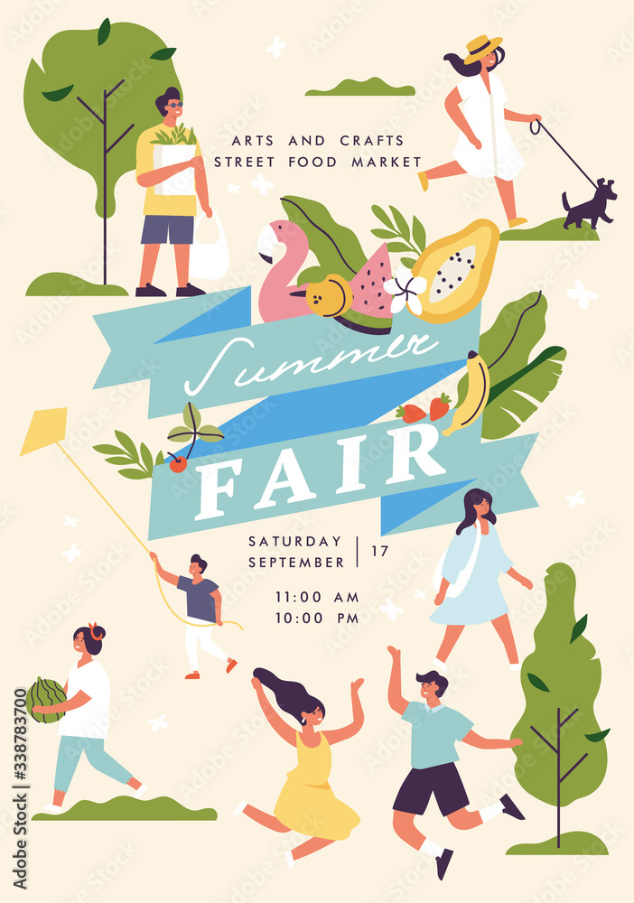 Vector summer fair poster, flyer or banner or banner template with people enjoying their time outdoors in park. Summer holiday season recreation and public event. - obrazy, fototapety, plakaty 