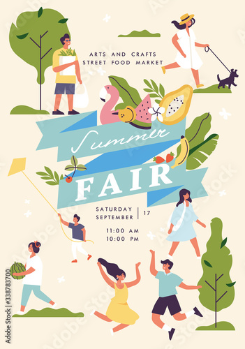 Vector summer fair poster, flyer or banner or banner template with people enjoying their time outdoors in park. Summer holiday season recreation and public event.