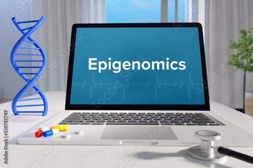 Epigenomics – Medicine/health. Computer in the office with term on the screen. Science/healthcare photo