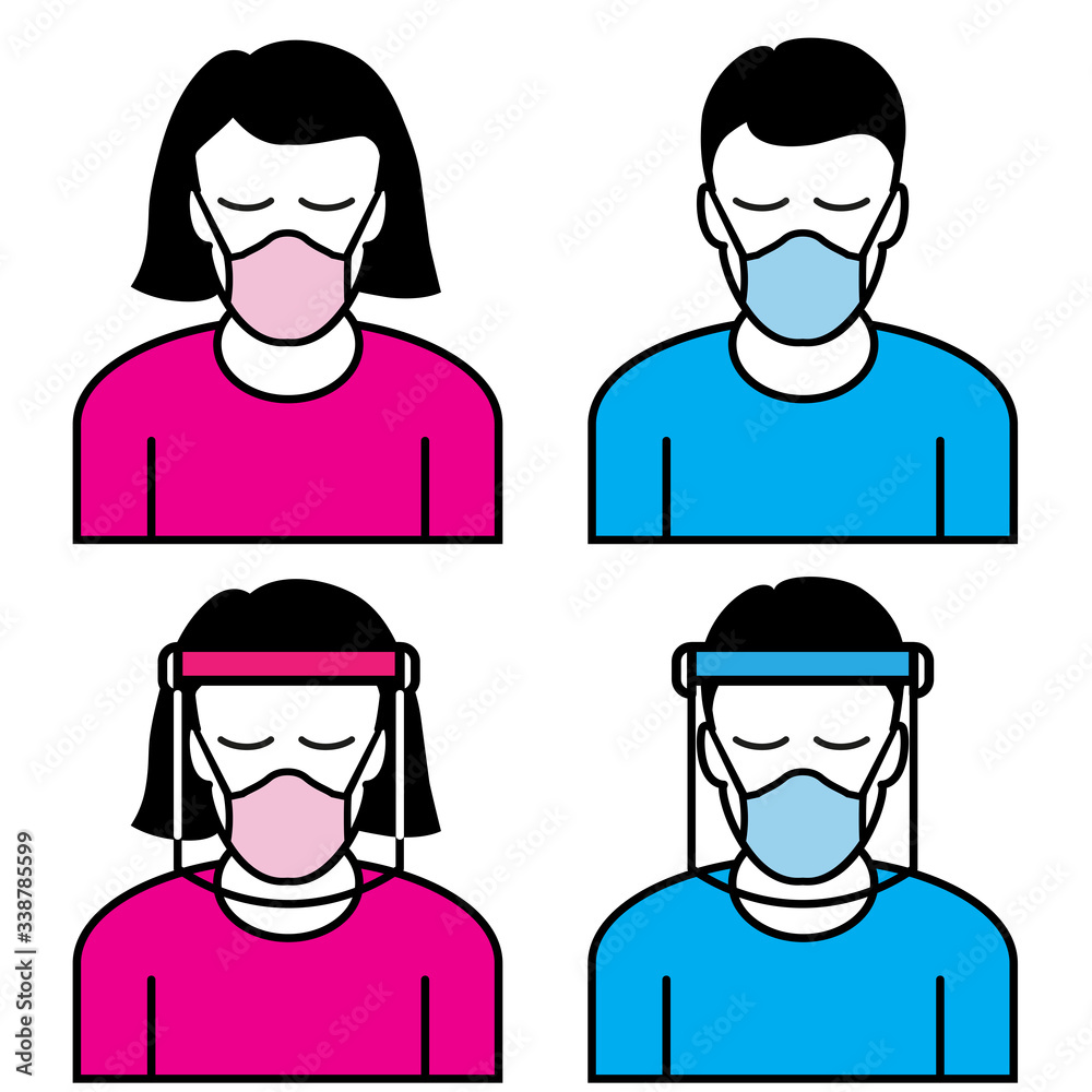 Pink woman and blue man in medical face protection mask with face shield. Vector icon of depressed and tired people wearing protective surgical mask and face shield.Concepts for protective of disease. Pink woman and blue man in medical face protection mask with face shield. Vector icon of depressed and tired people wearing protective surgical mask and face shield.Concepts for protective of disease.