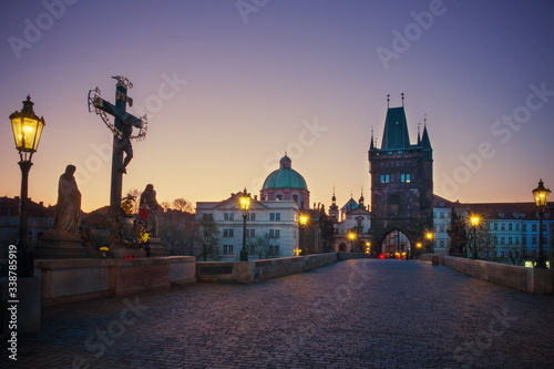 Sunrise on the Charles Bridge in Prague April 8th 2020