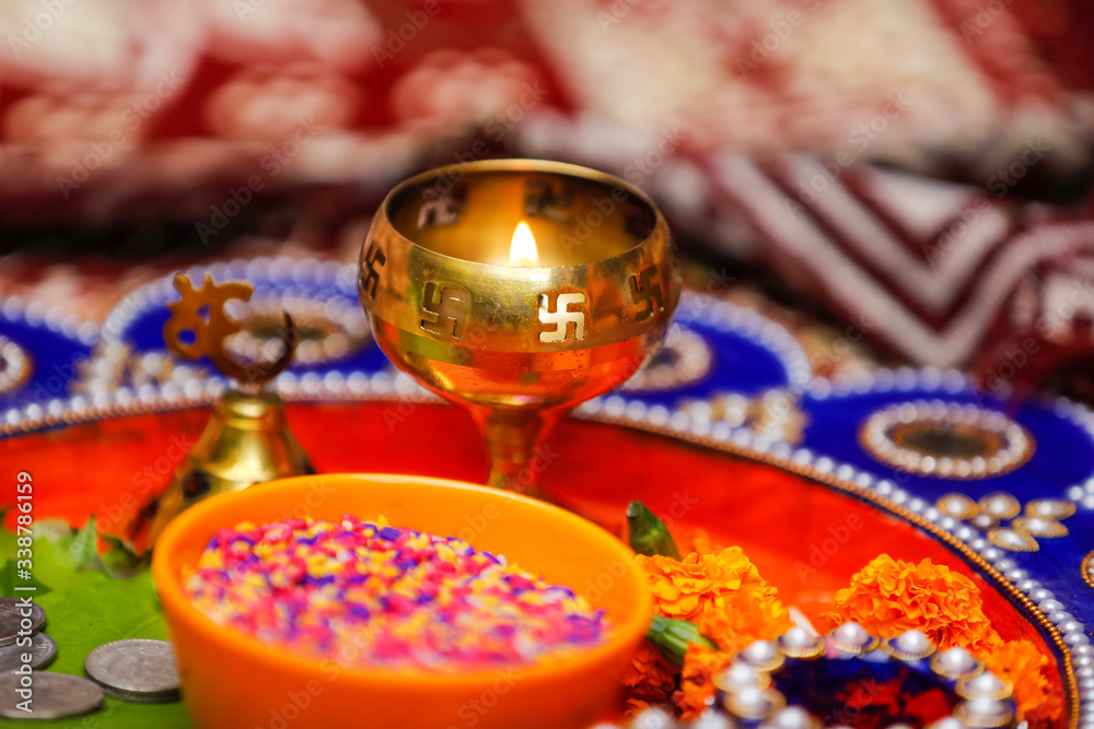 Indian traditional wedding ceremony : Decorative puja thali Indian traditional wedding ceremony : Decorative puja thali