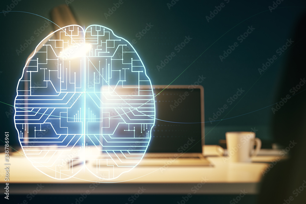 Fototapeta premium Creative artificial Intelligence concept with human brain sketch on modern computer background. Double exposure