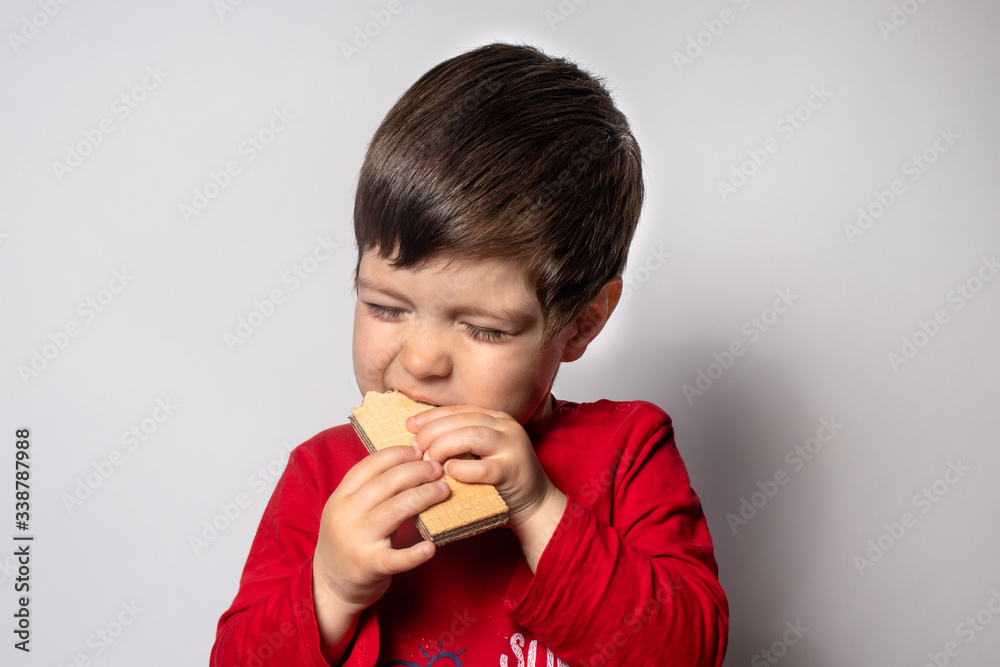 Little kid boy happily eats a crispy waffle. Happy baby and yummy. Little kid boy happily eats a crispy waffle. Happy baby and yummy.