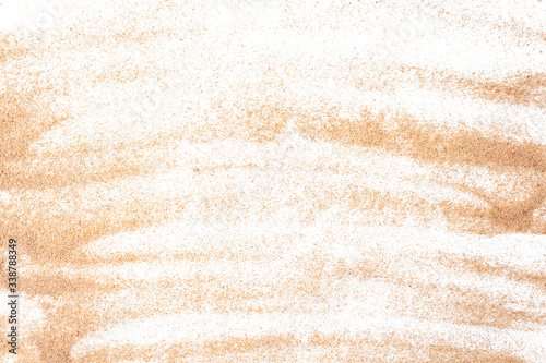 Sea sand stains isolated on white background. Sand painting. Sand pile, desert dune. Top view.
