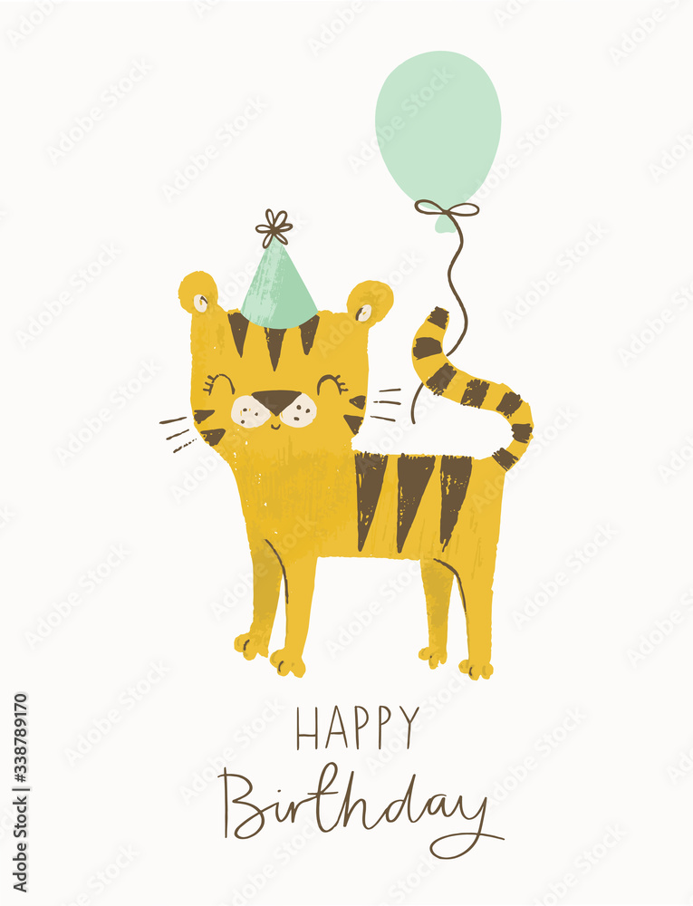 Birthday tiger with a party hat and a balloon. Cute cartoon tiger vector illustration for jungle party, birthday cards, invitations, nursery poster, art print and baby clothing. Birthday tiger with a party hat and a balloon. Cute cartoon tiger vector illustration for jungle party, birthday cards, invitations, nursery poster, art print and baby clothing.