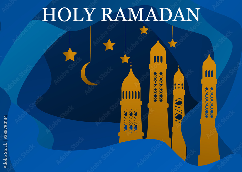 Vector Ramadan Kareem card. Vintage paper banner with mosque, moon, stars, sun and cloud for holy Ramadan wishing. Arabic decor in Eastern style. Islamic muslim background illustration