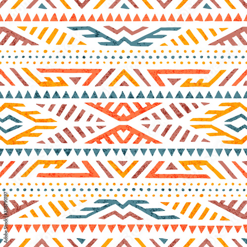 Cute summer tribal pattern. Colorful print in boho style. Ethnic and tribal motifs. Hand-drawn geometric ornament on a white background. Grunge texture. Vector illustration.
