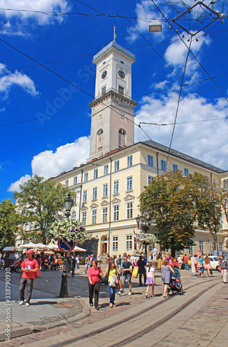 LVIV, UKRAINE - JUNE 28, 2014: Lviv City Hall on the Rynok Square. The building of City Hall was built in 1827-1835 by project of architects Y. Markle, F. Thresher (or Treter), A. Vondrashek. photo