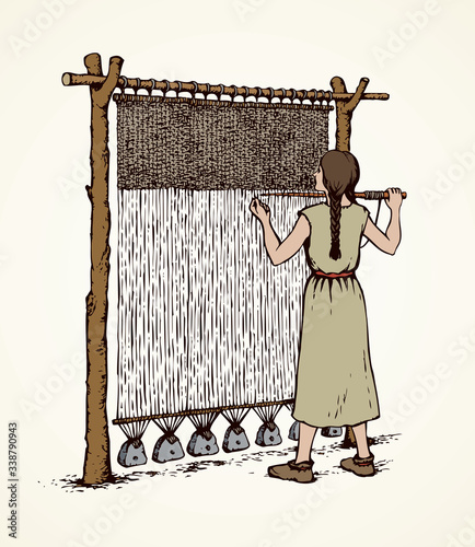 Vector illustration. Woman weaves in ancient loom