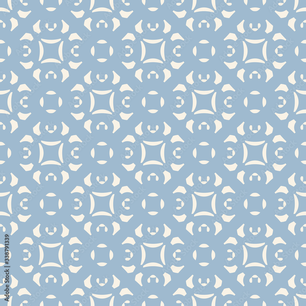 Vector ornamental floral seamless pattern. Elegant geometric background in Damask style. Ornament with flower shapes, repeat tiles. Abstract texture in retro vintage colors, pale blue and white