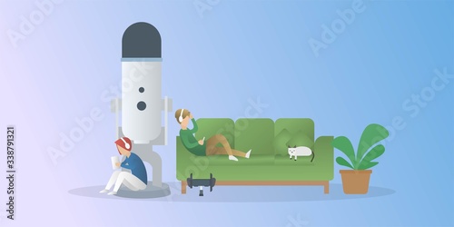 ASMR concept.Autonomous,sensory meridian,response.man and woman wear asmr headphones,They listen and feel relax,Vector illustration design.