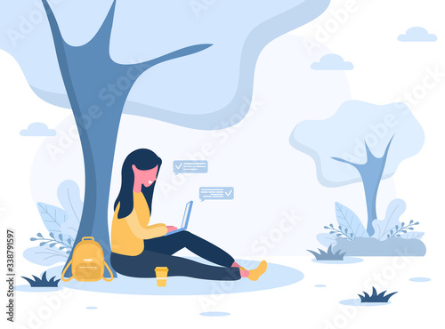 Womens freelance. Girl with laptop sitting in park under tree. Concept illustration for working outdoors, studying, communication, healthy lifestyle. Vector illustration in flat style.