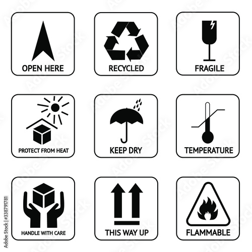 Package handling signs and symbols for delivery and cargo. Isolated vector illustration.