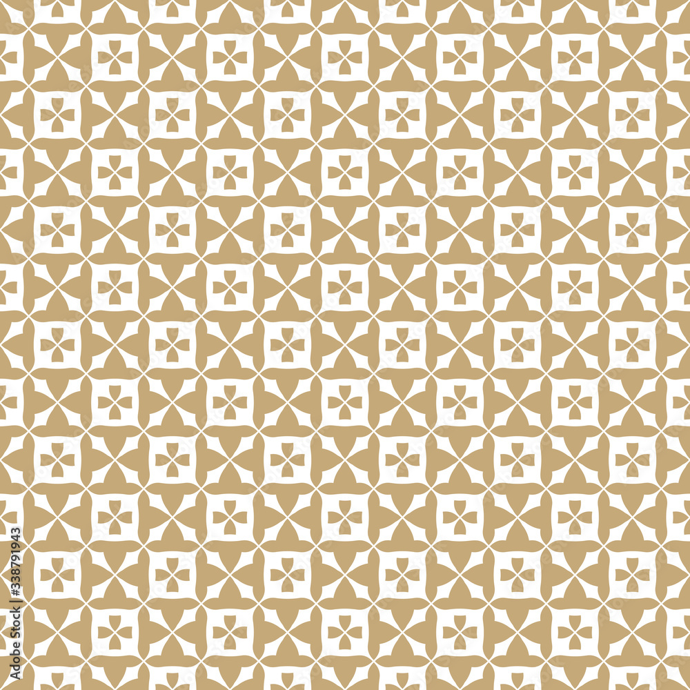Abstract golden floral seamless pattern. Vintage geometric texture with flowers, squares, grid, lattice, repeat tiles. Vector white and gold background. Repeat design for decor, textile, fabric, cloth