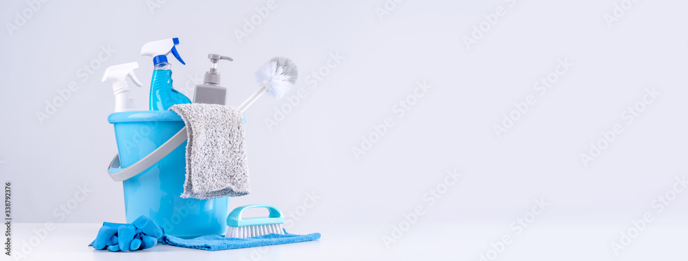 Cleaning product tool equipments, concept of housekeeping, professional clean service, housework kit supplies, copy space, close up. - obrazy, fototapety, plakaty 