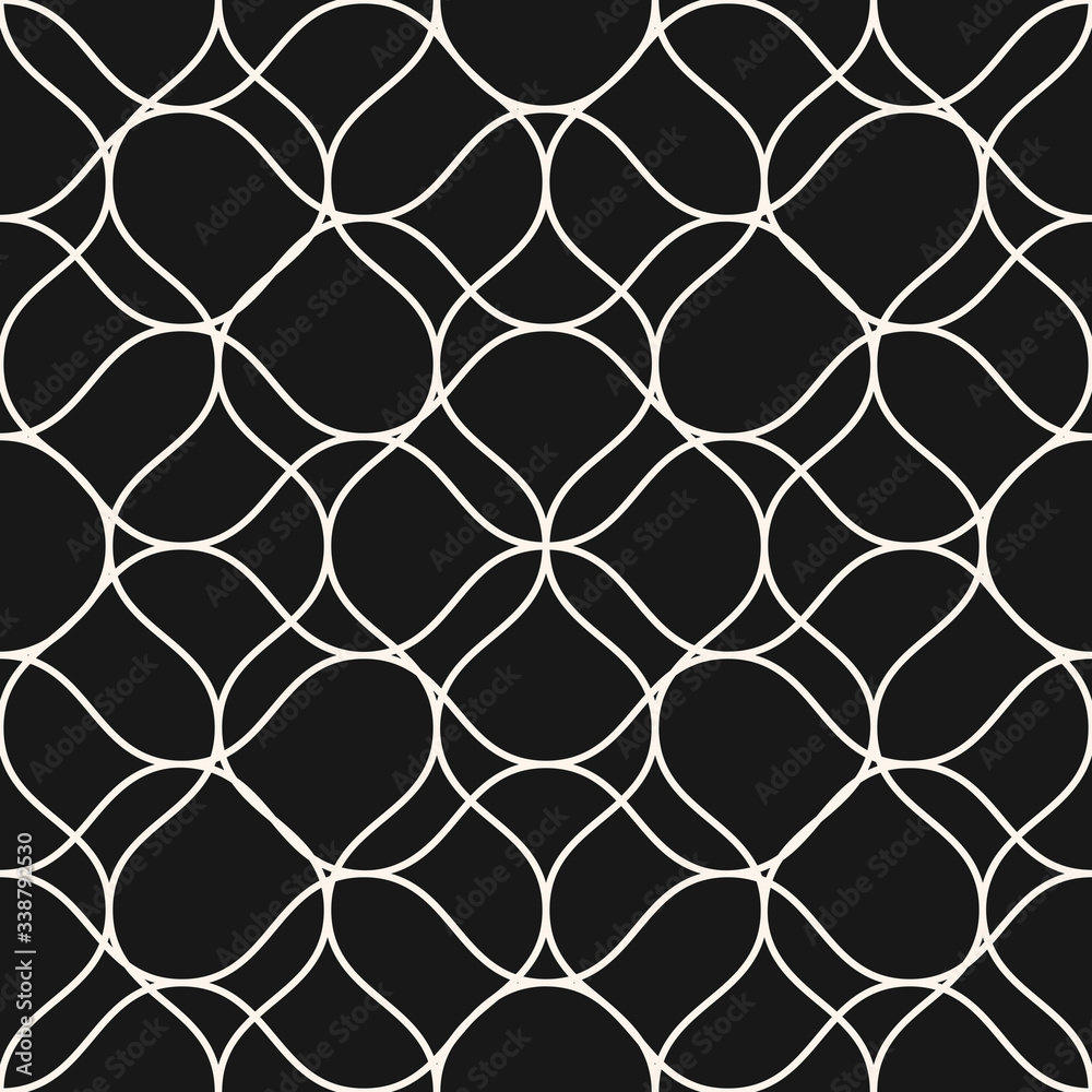 Fototapeta premium Vector mesh seamless pattern with thin curved interlacing lines. Black and white illustration of fishnet, lace, mesh, net. Subtle monochrome background texture. Dark repeat design for decor, cloth