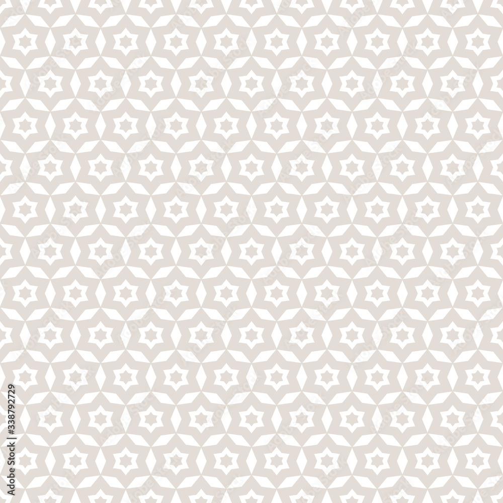Vector abstract geometric seamless pattern. Subtle white and beige background. Simple graphic ornament. Delicate texture with small stars, flower shapes, grid, net. Repeat design for decor, wallpapers