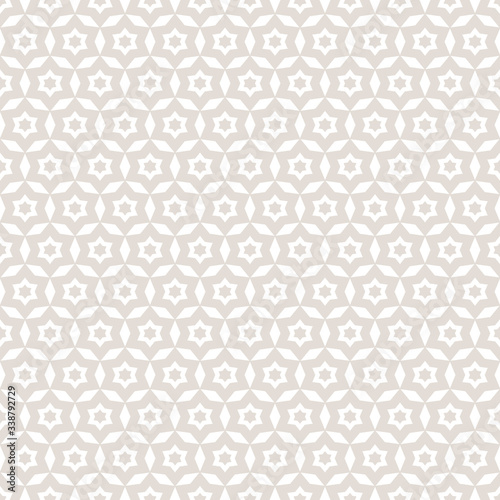 Vector abstract geometric seamless pattern. Subtle white and beige background. Simple graphic ornament. Delicate texture with small stars, flower shapes, grid, net. Repeat design for decor, wallpapers