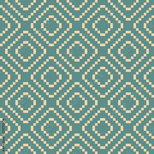 Vector geometric traditional ethnic ornament. Fair isle seamless pattern. Folk motif. Simple texture design with squares, crosses, rhombuses, embroidery. Tan and teal colors. Repeatable background