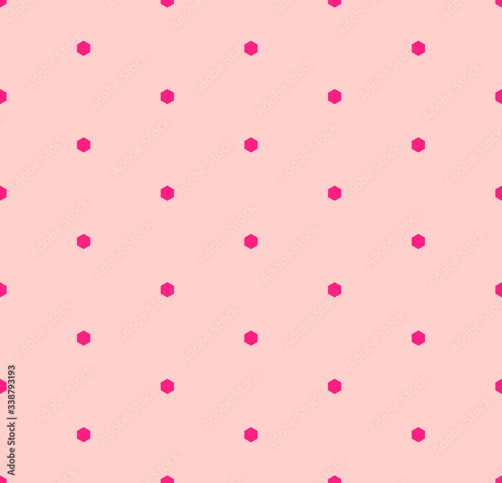 Cute vector minimalist geometric seamless pattern with small hexagons, dots. Bright colorful funky style texture. Magenta and pink minimal background. Repeating design for decor, wallpapers, wrapping