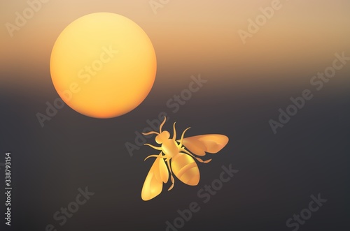 Honey bee. Striped orange bee illustration mesh. Insect. sunset