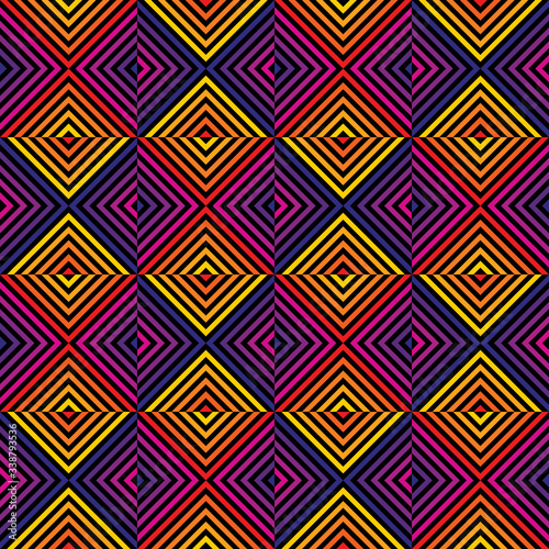 Retro 1980-1990's style geometric seamless pattern. Vector abstract graphic texture with square tiles, diagonal lines, stripes, rhombuses, chevron. Trendy repeated background in bright rainbow colors