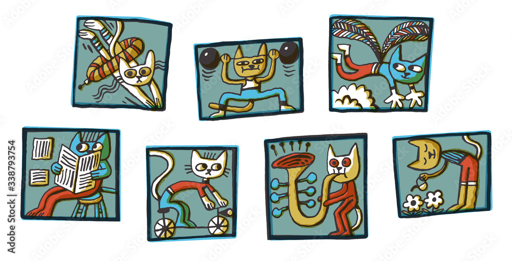 cats activity cartoon set icons sport drawing summer avatars