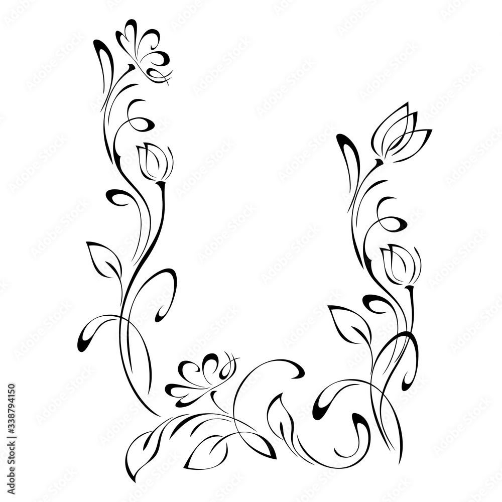 frame 31. decorative frame with stylized flowers on stems with leaflets and curls in black lines on a white background frame 31. decorative frame with stylized flowers on stems with leaflets and curls in black lines on a white background