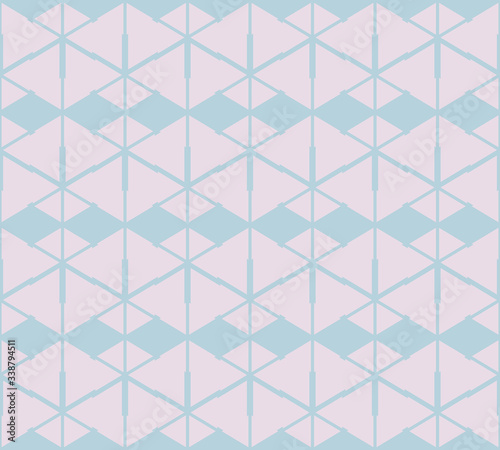Vector geometric minimalist seamless pattern with triangles, grid, net, lattice. Simple texture in trendy colors, light turquoise and pink. Abstract minimal background. Repeated decorative design