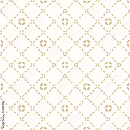 Golden vector ornament pattern in Asian style. White and gold elegant floral seamless texture with delicate lattice, mesh, grid, small flowers. Abstract geometric background. Luxury repeatable design