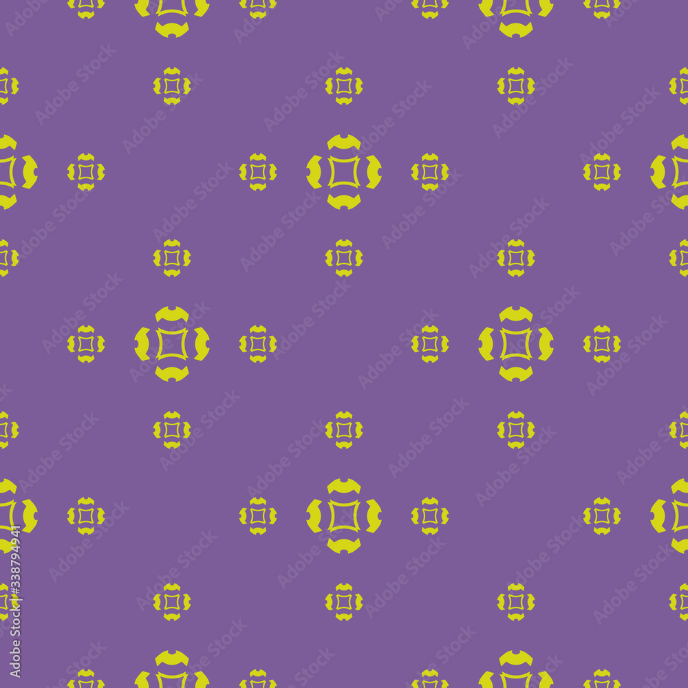 Vector minimalist seamless pattern. Abstract geometric floral background in purple and lime green color. Minimal ornament texture with simple small flowers. Repeat design for decor, fabric, textile