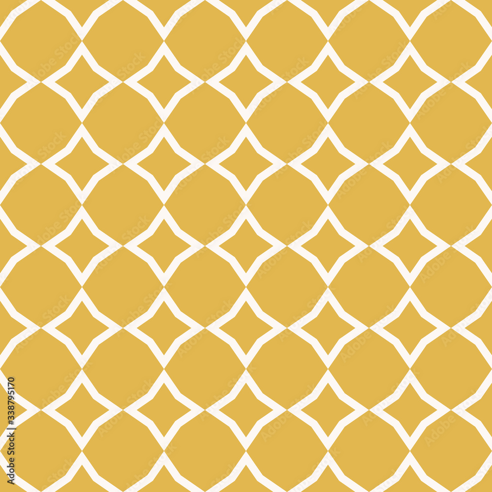 Naklejka premium Diamond pattern. Vector abstract grid seamless texture. Yellow and white geometric ornament with small rhombuses, octagons, mesh, net, repeat tiles. Elegant golden graphic background. Oriental design