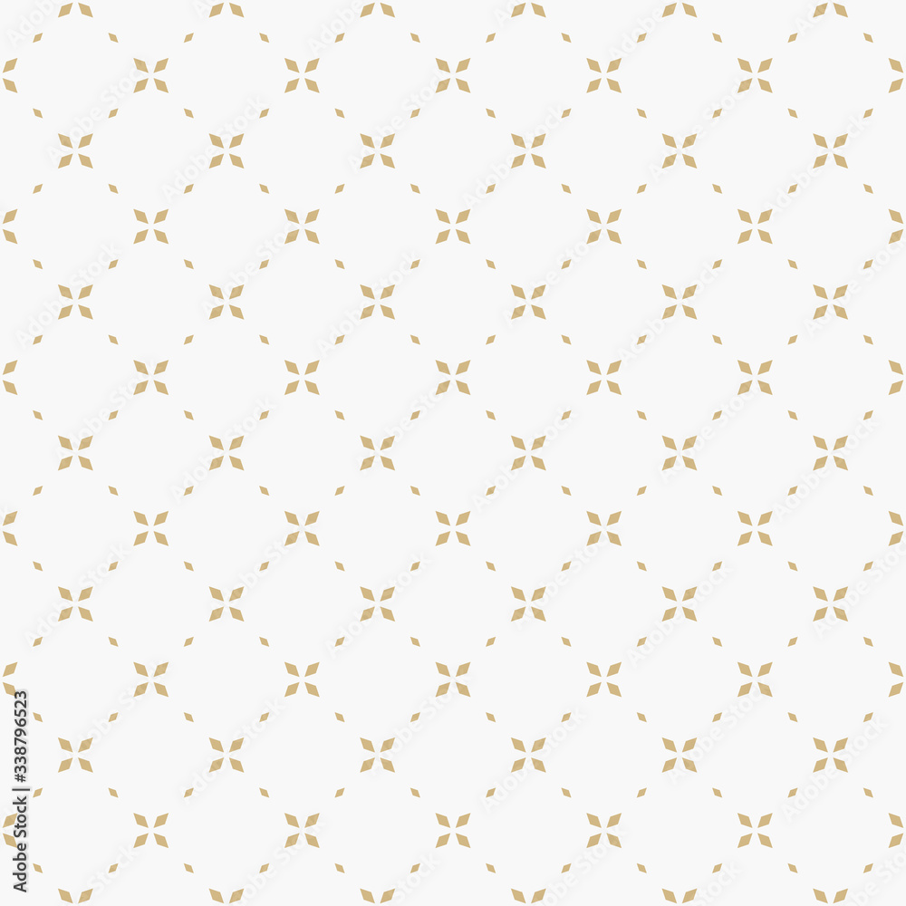 Golden minimal floral geometric seamless pattern. Simple vector white and gold abstract background with small flowers, tiny crosses, grid, lattice. Subtle minimalist repeatable texture. Luxury design