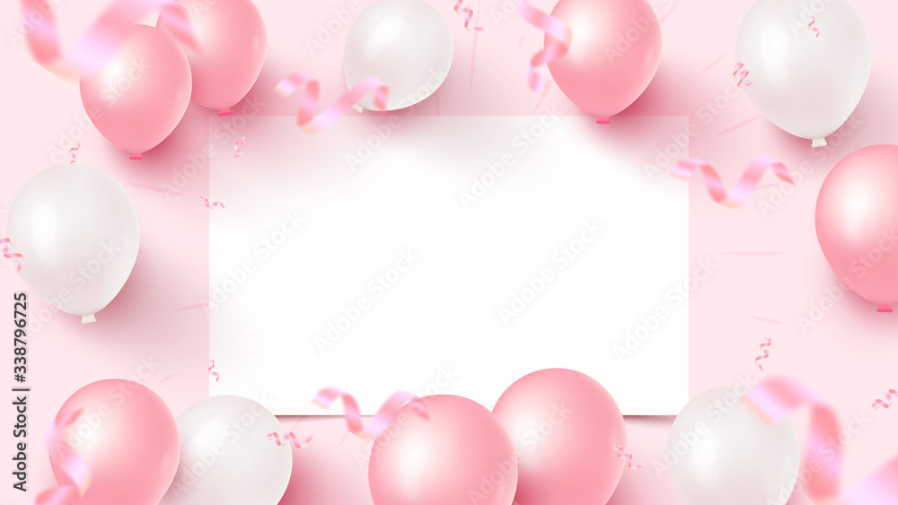 Festive banner design with white sheet, pink and white air balloons, falling foil confetti on rosy background
