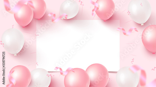 Festive banner design with white sheet, pink and white air balloons, falling foil confetti on rosy background