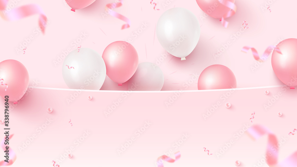Festive banner design with pink and white air balloons, falling foil confetti on rosy background. Vector illustration
