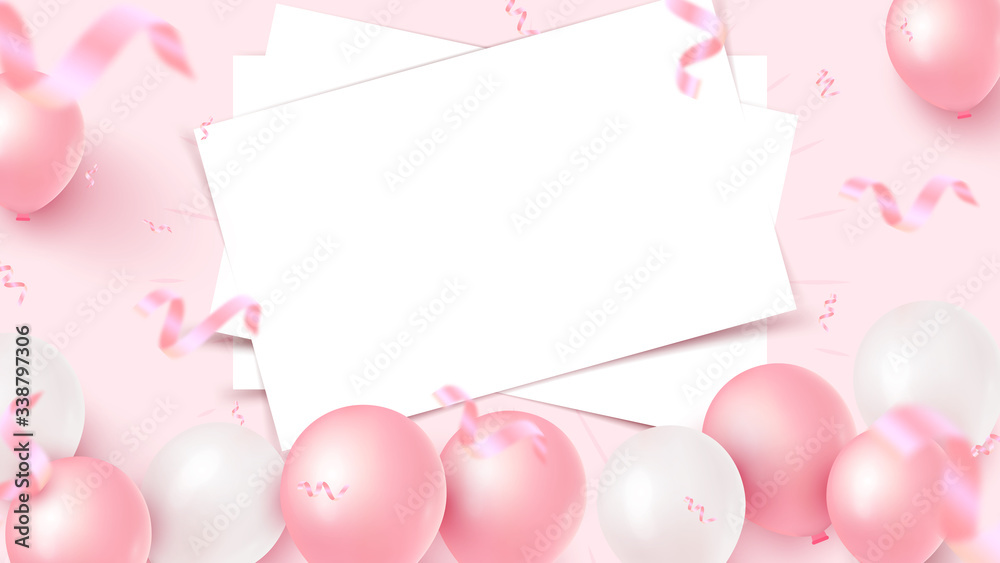 Festive banner design with white sheets, pink and white air balloons, falling foil confetti on rosy background