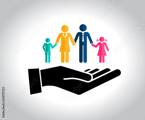 Family Hands holding a symbol. Health care, pension, safety, protect icon. Parents and children, vector